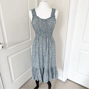 Anthropologie Patrons of Peace Blue Floral Midi Dress Smocked Boho Ruffled Dress